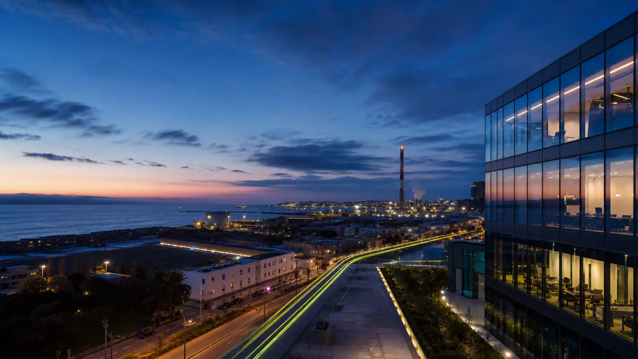 Paisagem urbana e empresarial atlântica ao entardecer